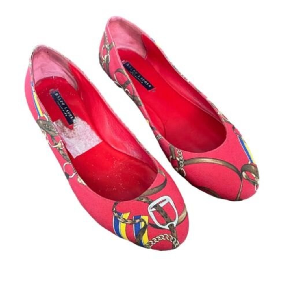 VTG Ralph Lauren Collection Equestrian Fabric Flats 9.5B Red Shoe 95270 Italy